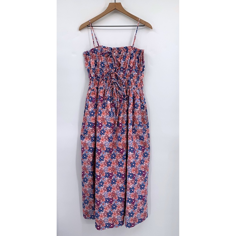 Aureum Dress Womens Medium Pink Blue Floral Cotton Smocked Bows Colorful Maxi